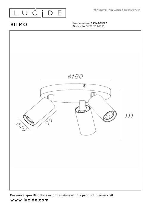 Lucide RITMO - Ceiling spotlight - Ø 18 cm - 3xGU10 (MR11) - Coffee - technical